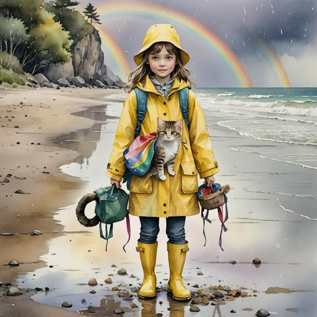 Whimsical Watercolor: Girl, Cat, and Rainbow Beach
