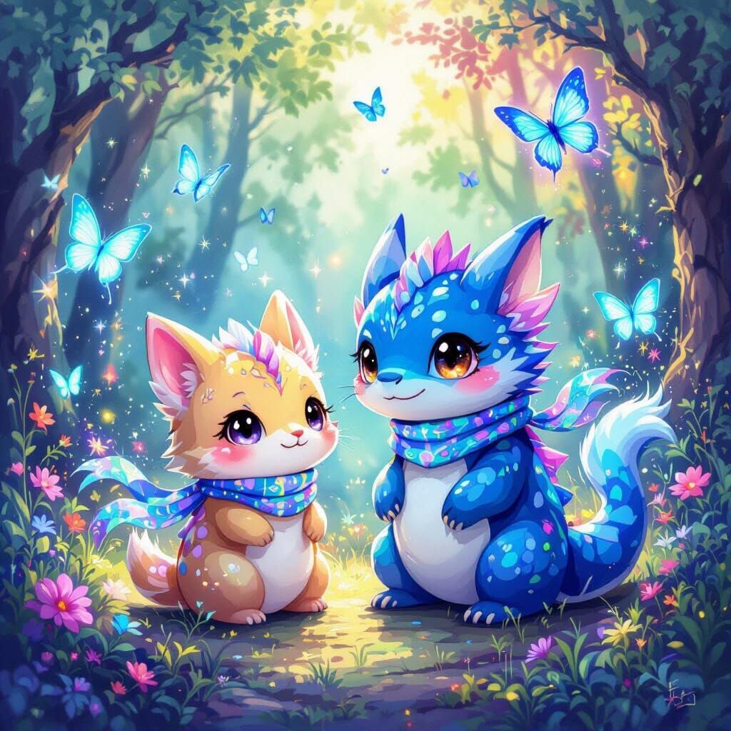 Watercolor Painting of a Cute Chibi Dinosaur in Forest