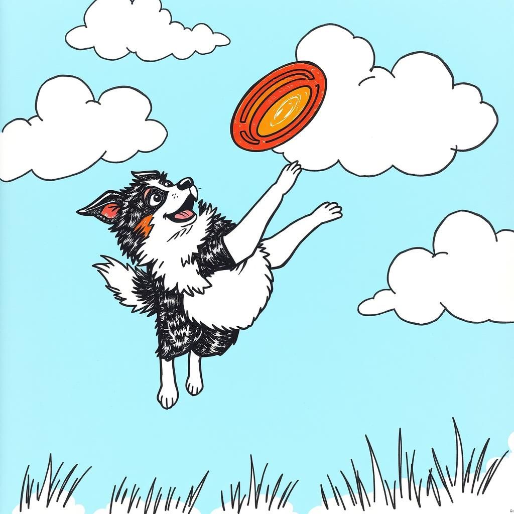 Border Collie Dog Catching Frisbee in Childlike Crayon Illus...
