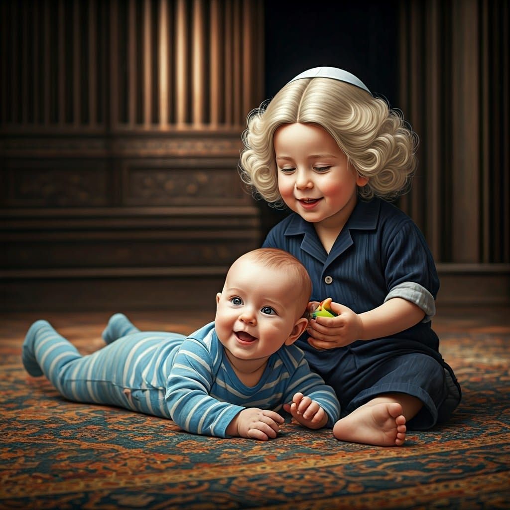 Hasidic Boy Plays with Brother in Whimsical Art Nouveau Scen...