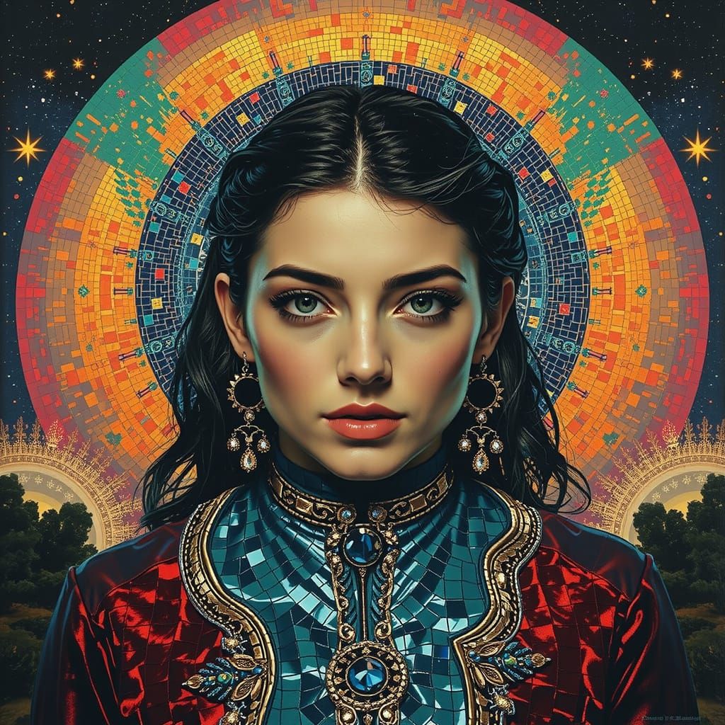Iridescent Mosaic Woman in Starry Night Sky
