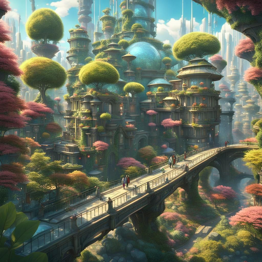 ghibli studio style, futuristic glass city with blooming gardens