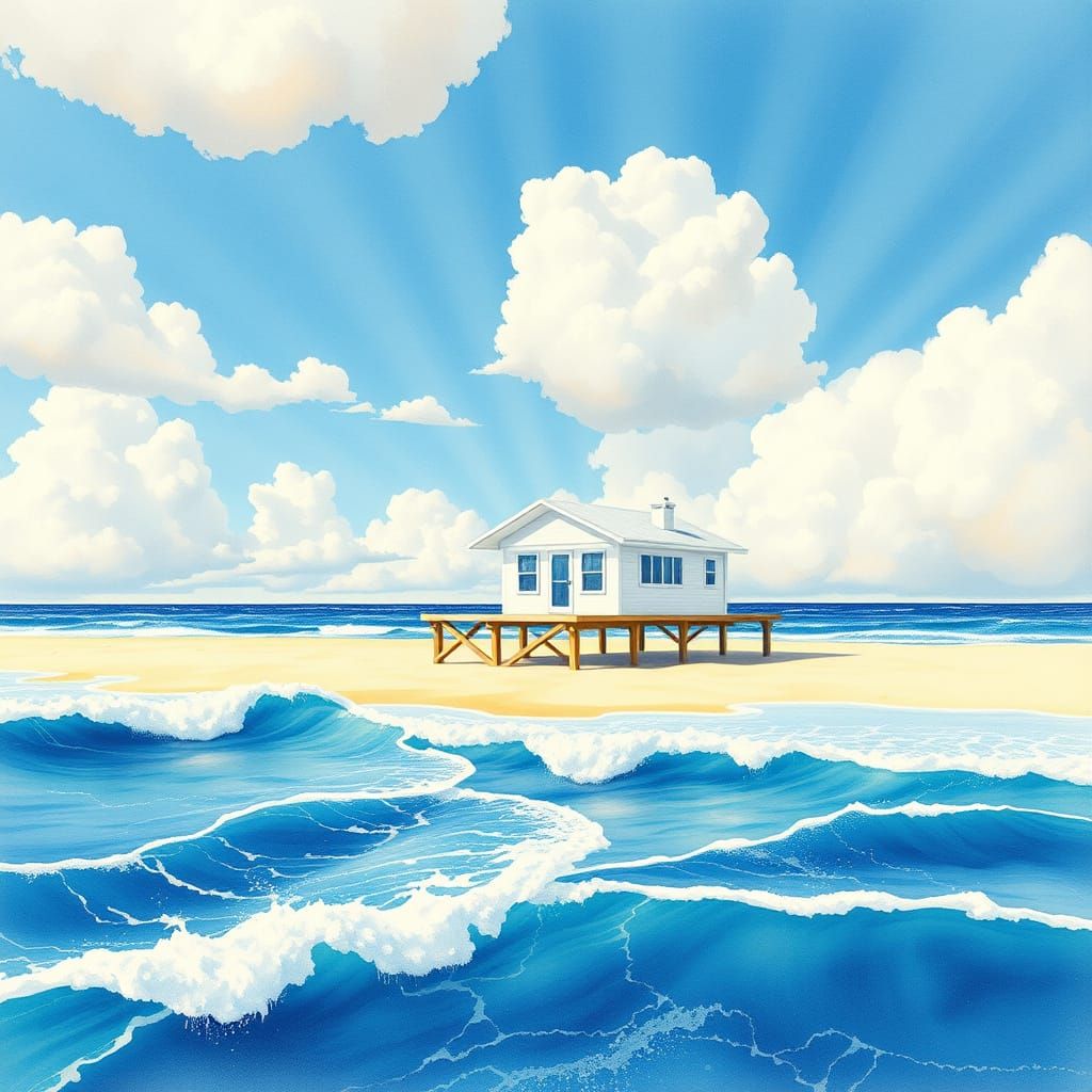 Serene Beach House on Stilts in Watercolor Style