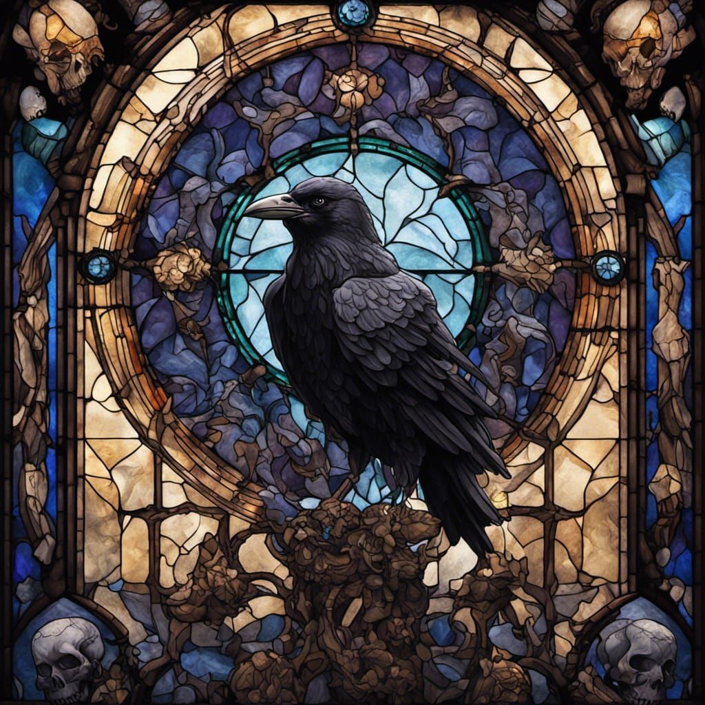 Dark Stained Glass Window with Ravens and Skulls