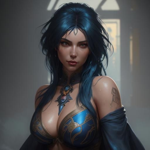 Beautiful Woman with Blue Hair and Glowing Eyes