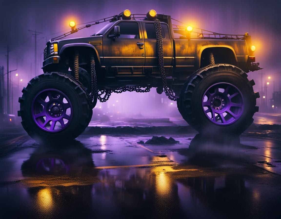 Offroad Tow Truck in Dark Fantasy Cityscape