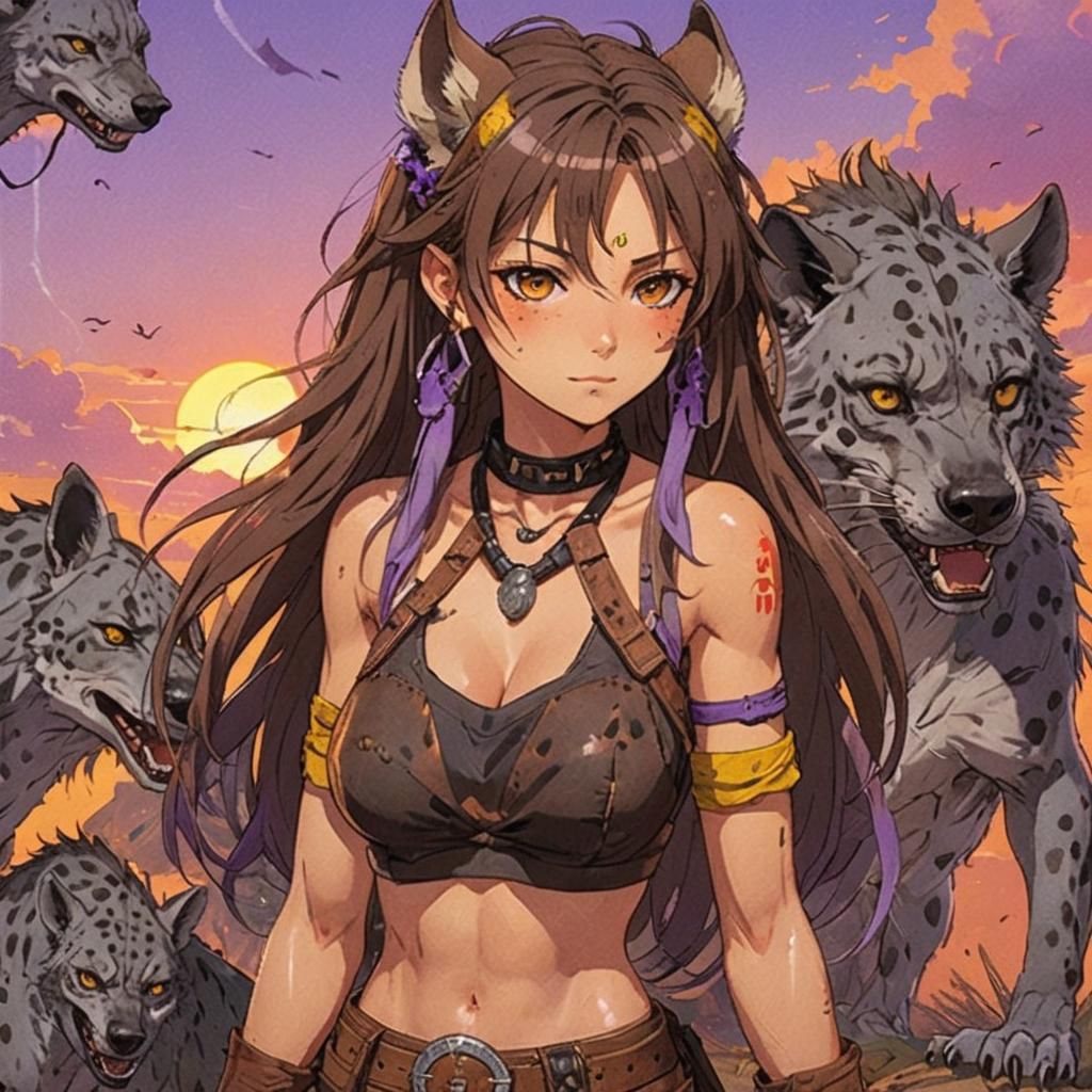 A woman with a dark tan. She has long, messy, brown hair. She is wearing a brown, ripped sports bra, a loincloth, and a ...