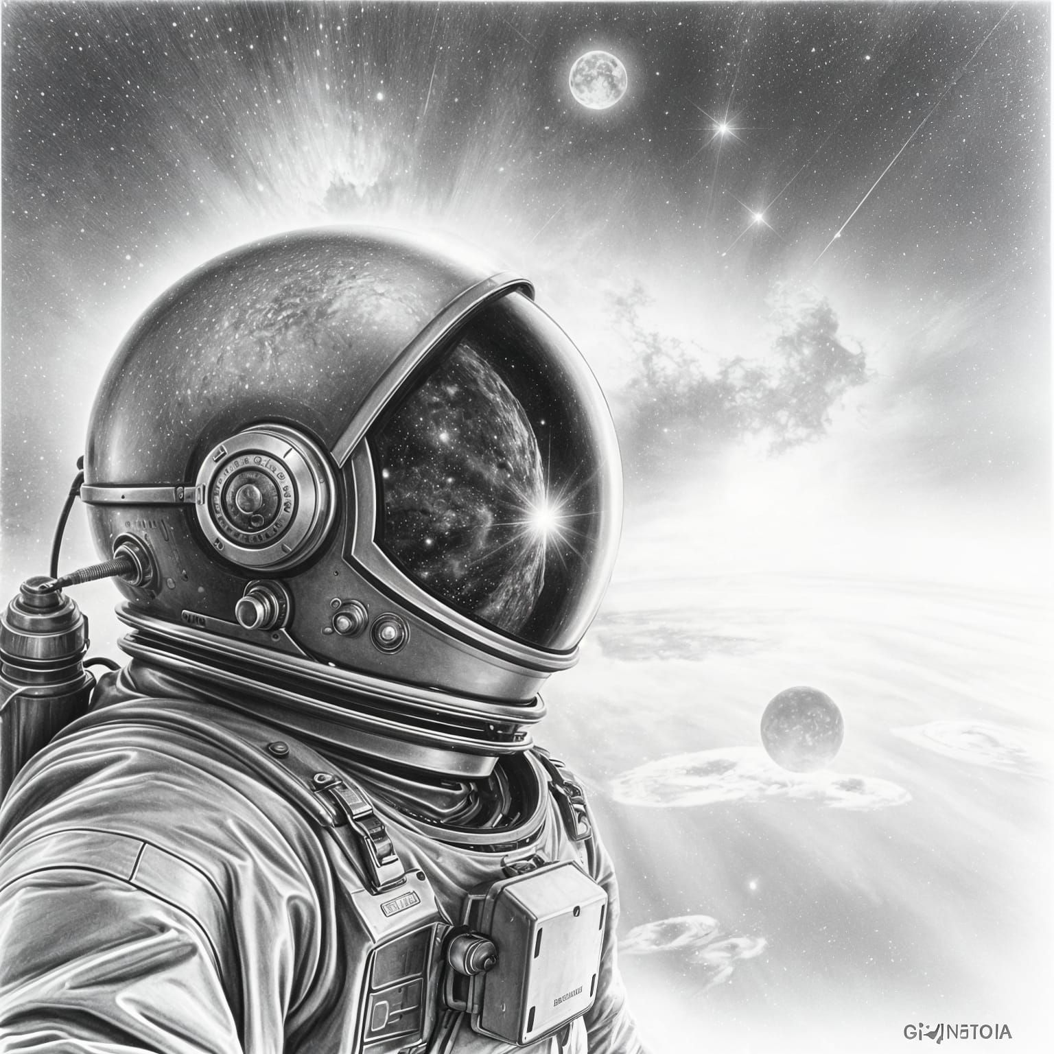 Black and white Pencil drawing A lone astronaut, bathed in t...