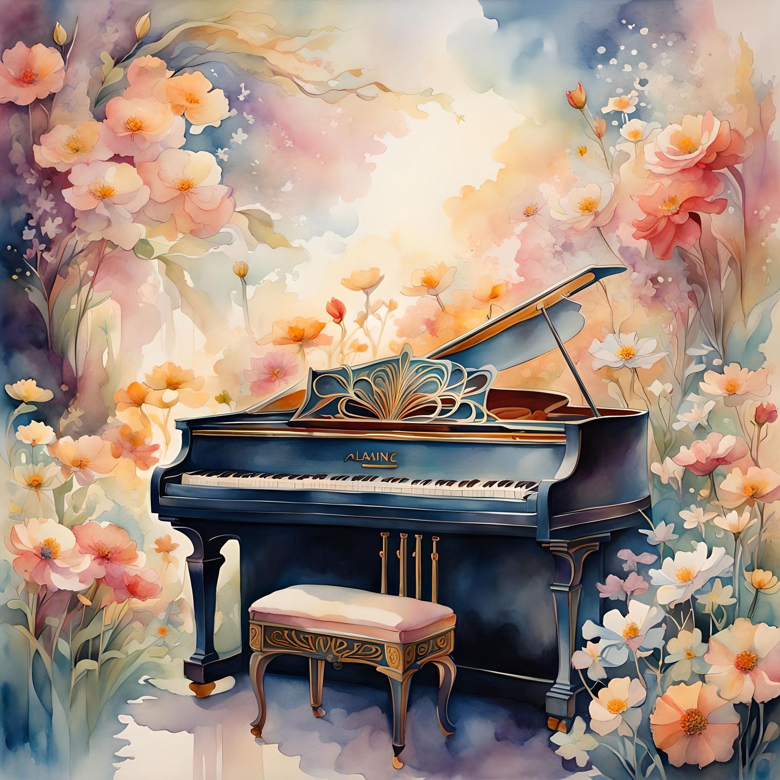 Ethereal Piano with Art Nouveau Watercolor Sketch