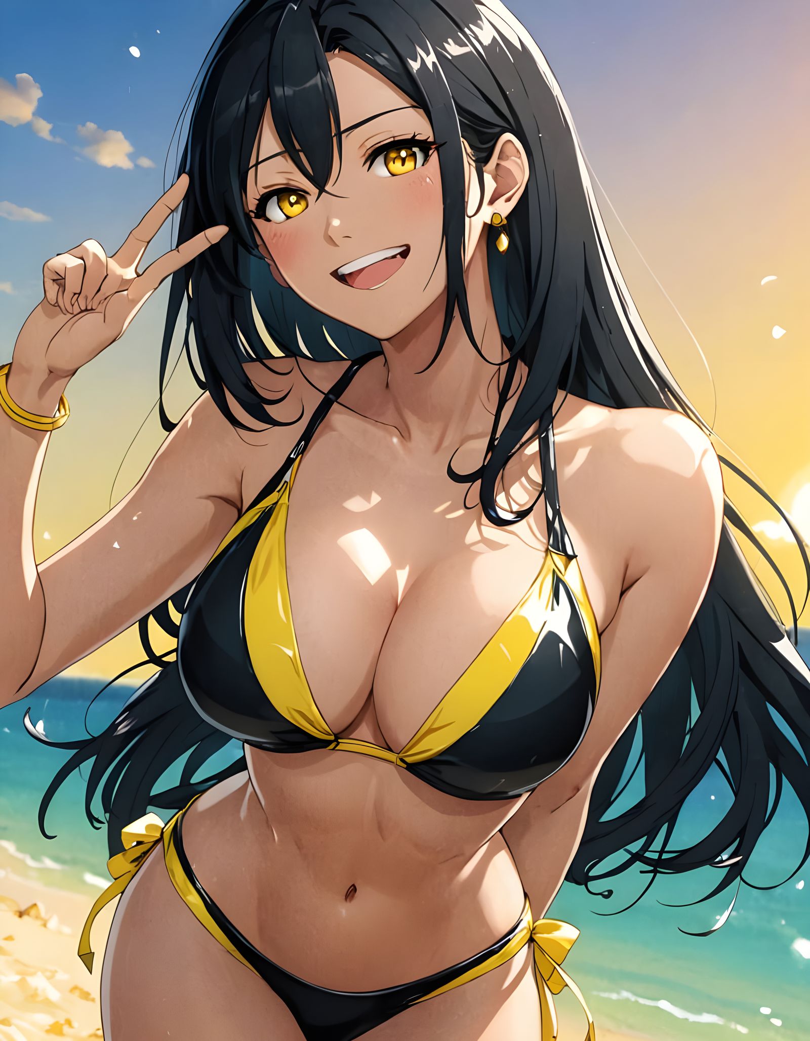Anime-Style Woman with Flowing Hair on Beach