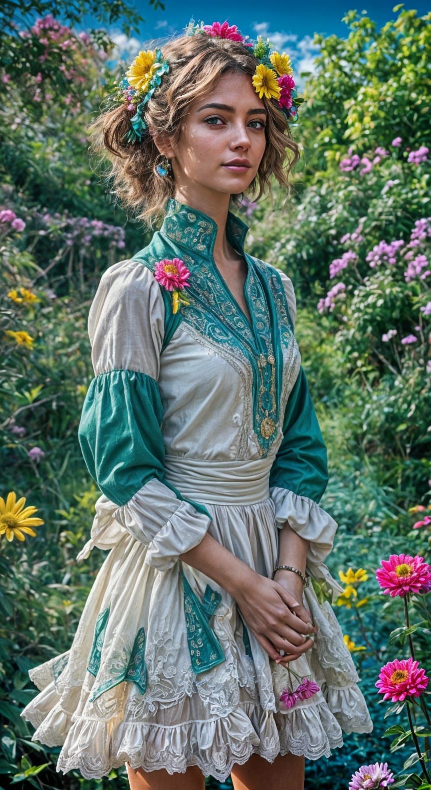 Bela imagem colorida, uma Mulher entre a paisagem florida.