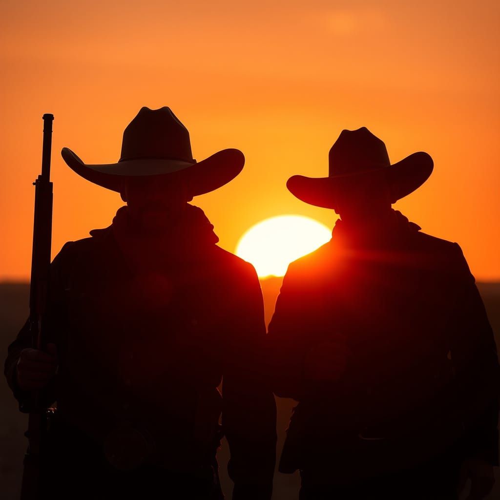 Silhouetted Figures in Desert Sunset, Sharp Focus
