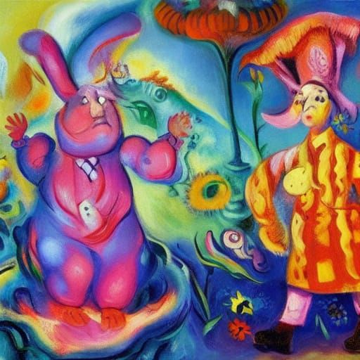 Surrealist Oil Painting of Tweedledee and Rabbit