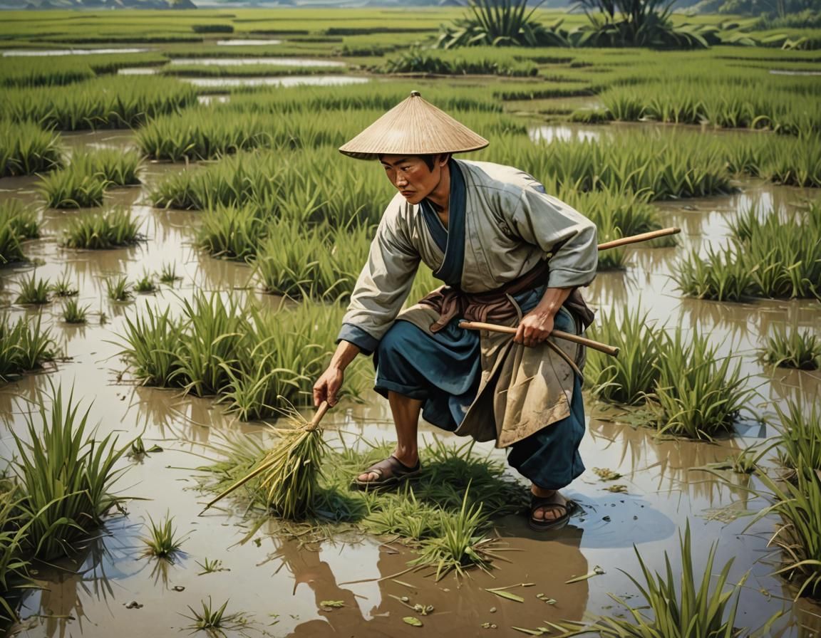 Chinese Peasant in Rice Paddy, Vintage Style