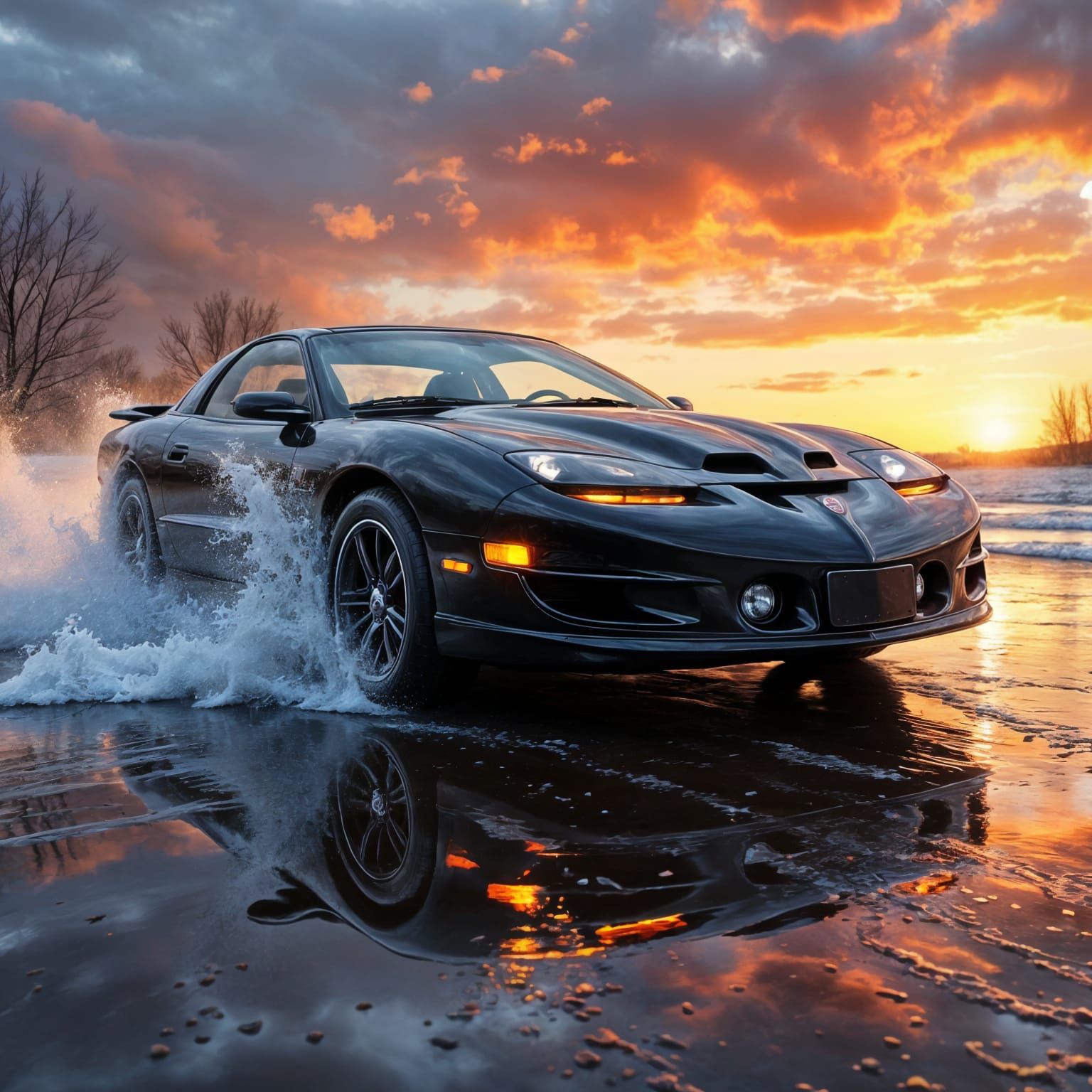 Hyperrealistic 1998 Pontiac Firebird in Dramatic Water Splas...