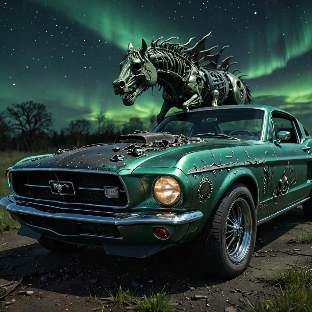 Surreal Mustang with Bioluminescent Biome Interior