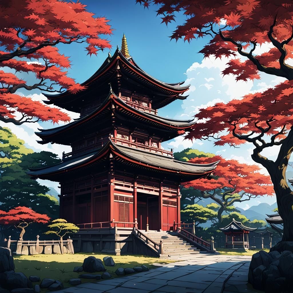 Japanese Temple with Maple Trees in Anime Style
