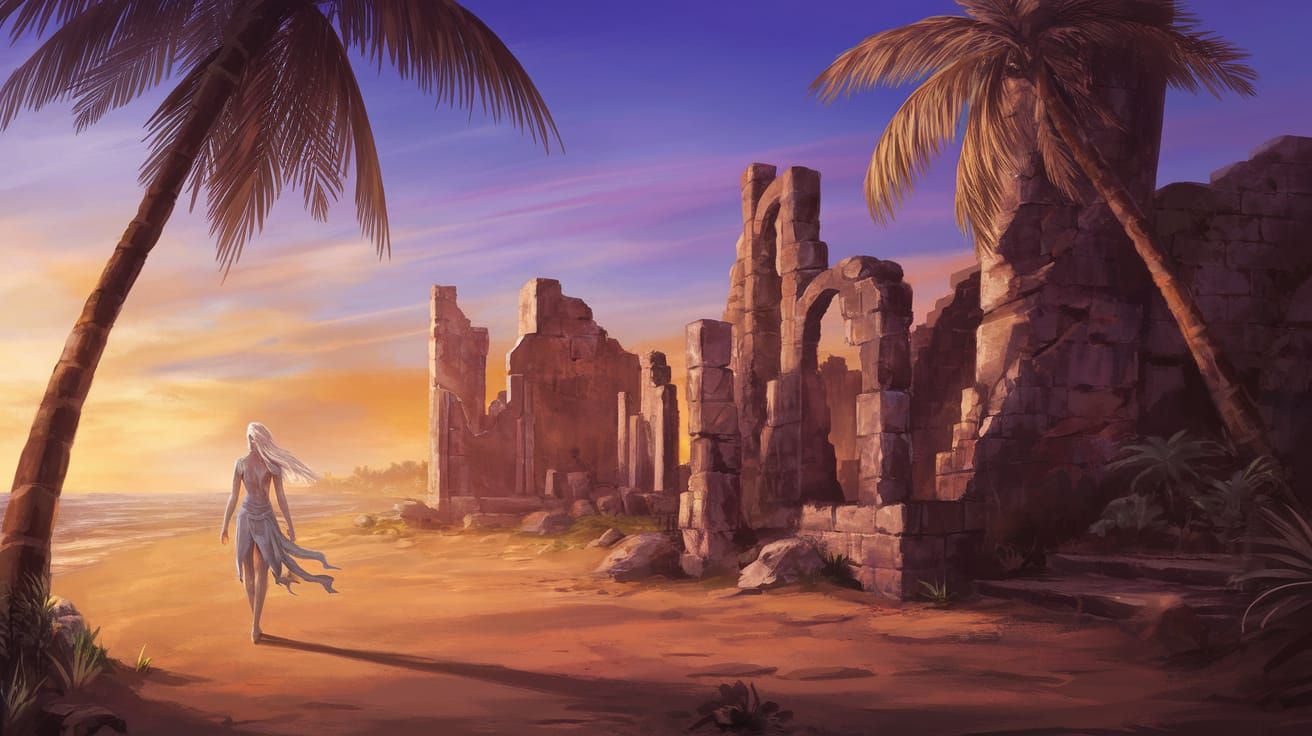 Ethereal Aasimar Goddess Strolls Through Ancient Ruins on Tr...