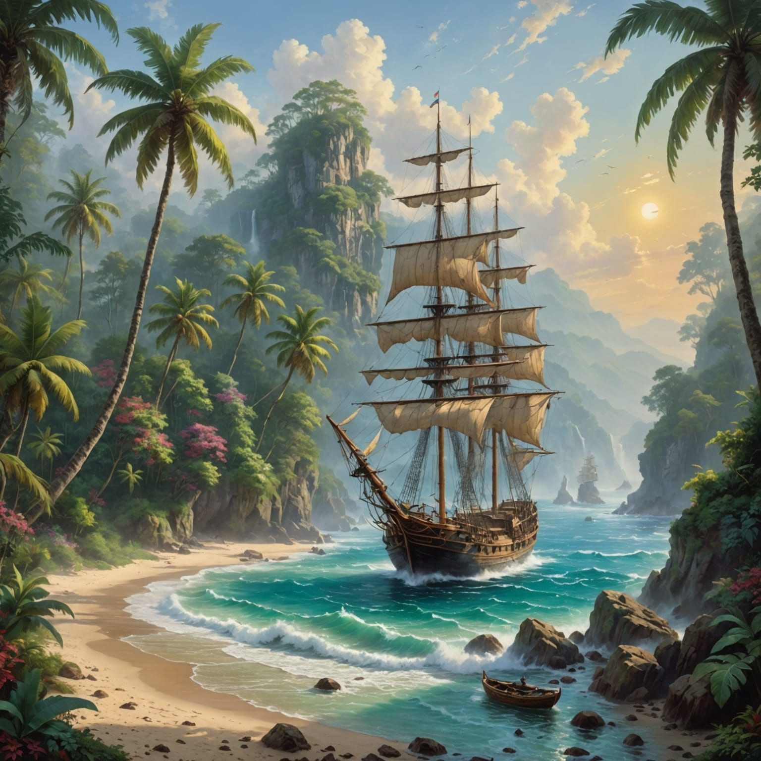 Vibrant Tropical Oasis with Majestic Sailing Vessel