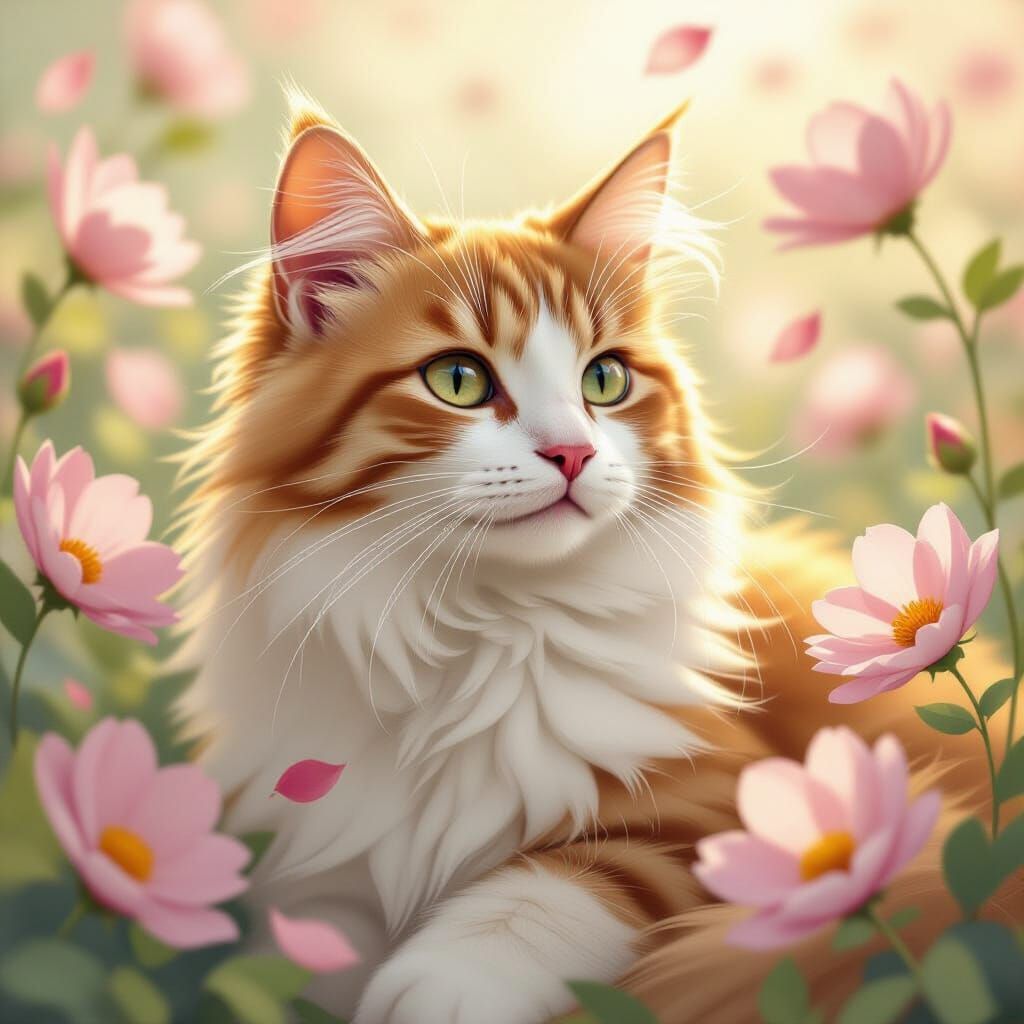 Cat Surrounded by Flowers in Art Nouveau Style