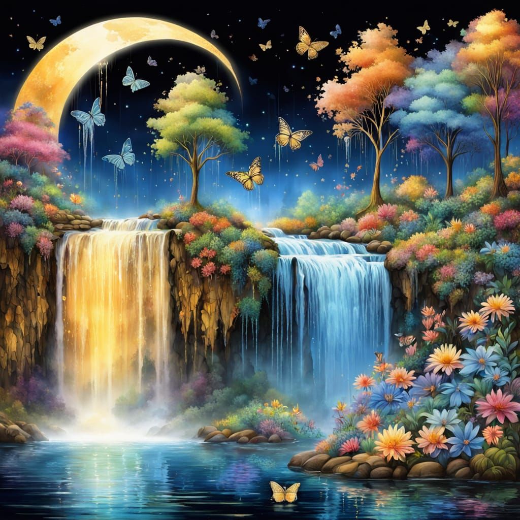 Mystical Waterfall with Golden to Blue Water
