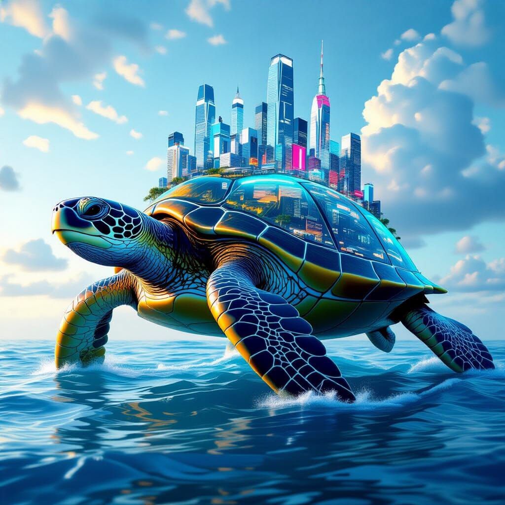 Modern City Rides a Turtle: Futuristic Digital Art