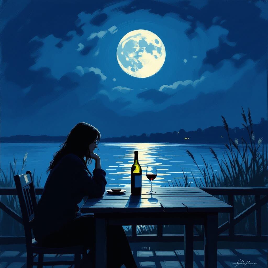 Impressionist Moonlit Wine Still Life