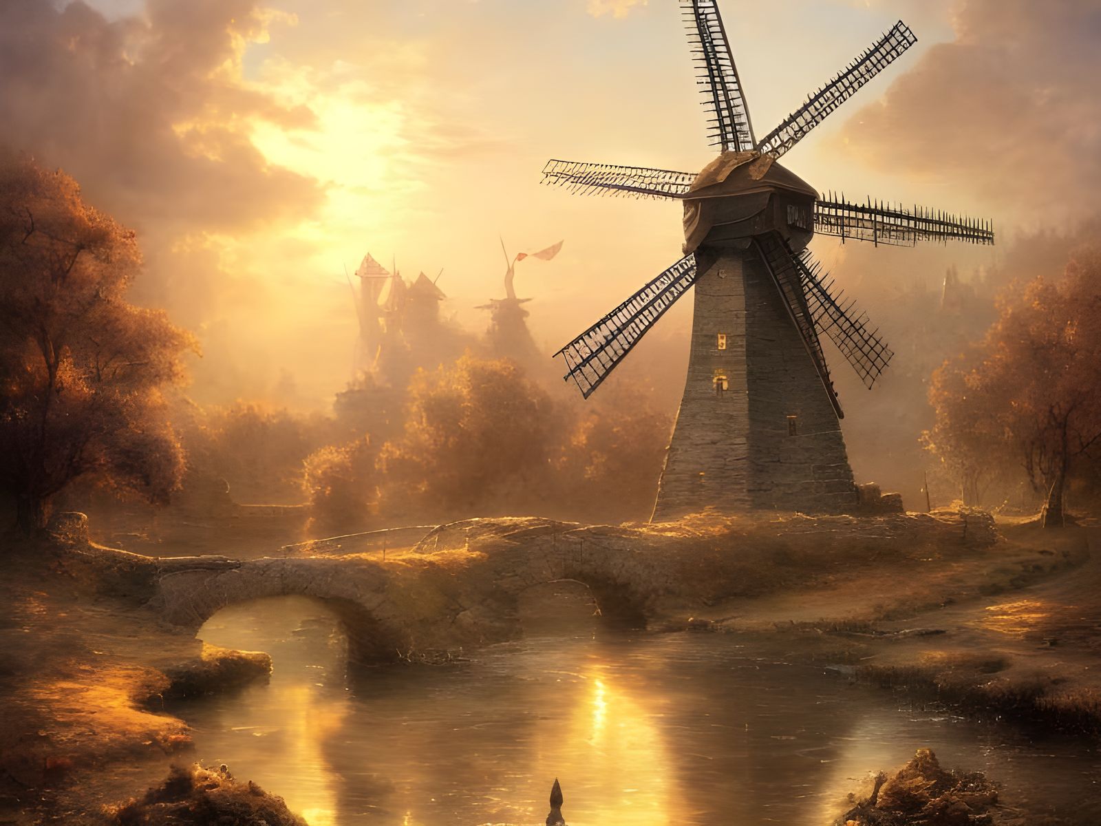 Riverside Medieval Windmill at Sunrise: Fantasy Artwork