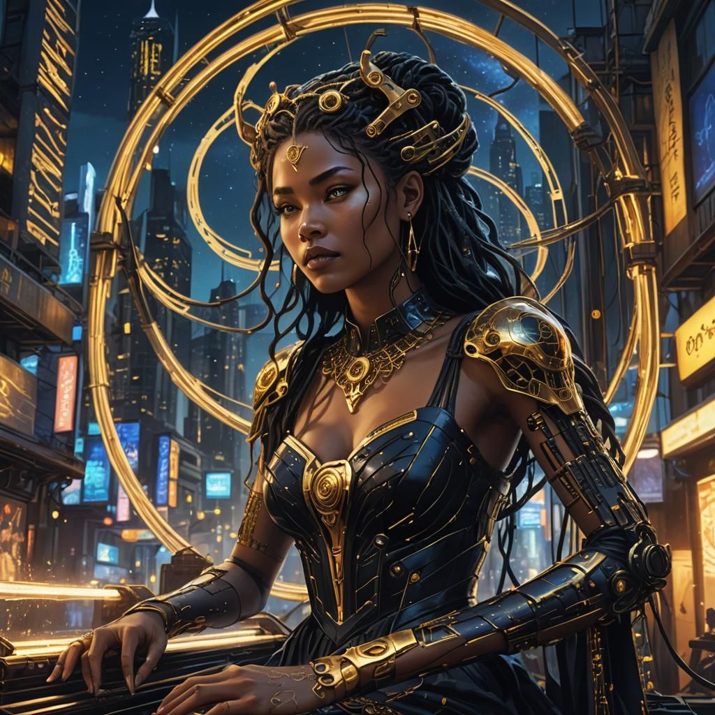 Goddess Weaving in Cyberpunk Cityscape