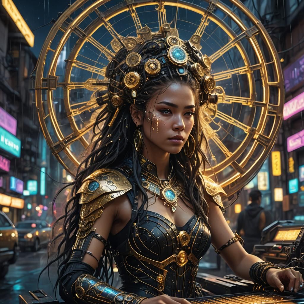 Goddess Weaving Loom in Cyberpunk City