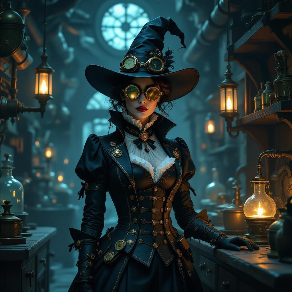 Steampunk Witch in Dimly Lit Alchemist's Lab