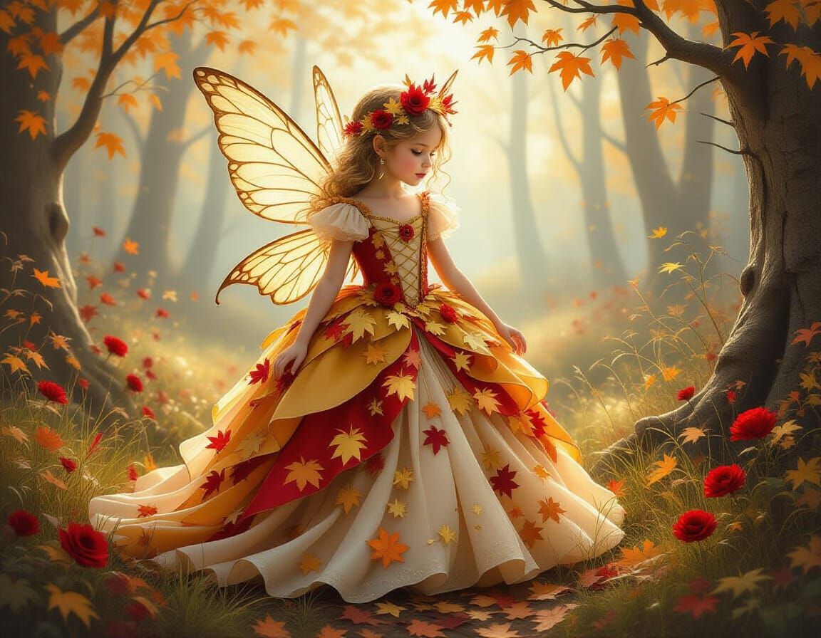 Autumn Fairy in Whimsical Forest, Dreamy Illustration