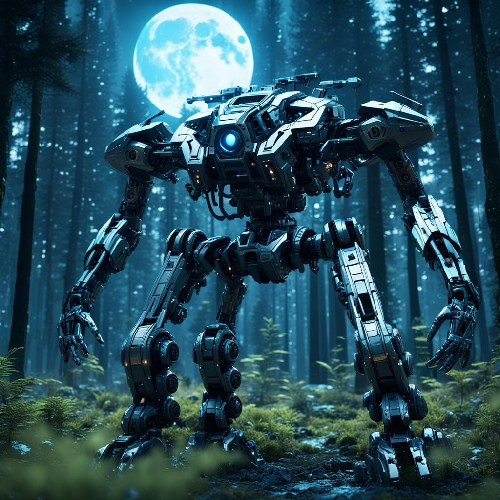 Futuristic Forest Woman in Moonlight, Sci-Fi Mech