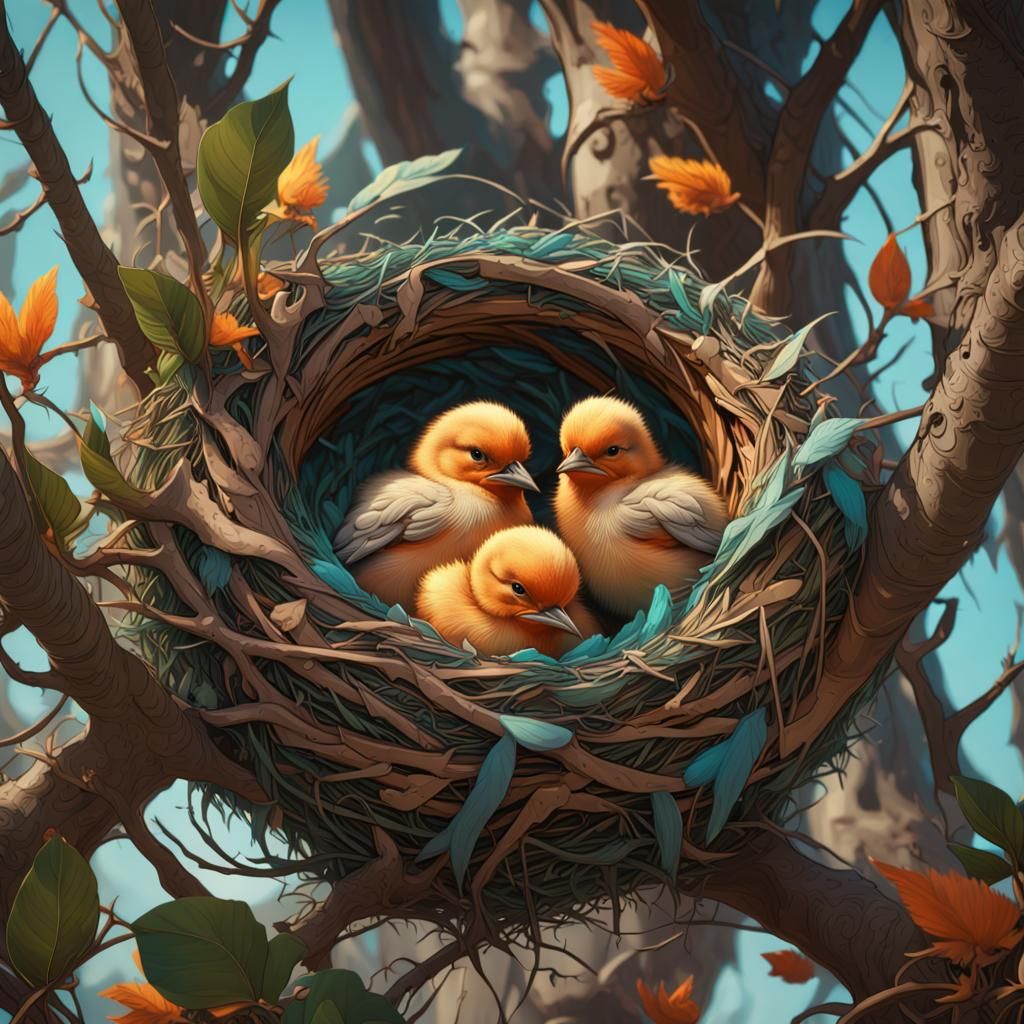 Birds in Nest: Hyperdetailed Concept Art