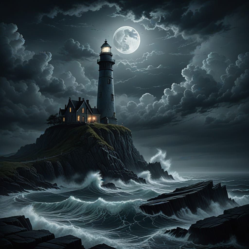 Dark Lighthouse on Jagged Cliff Under Eerie Moonlight