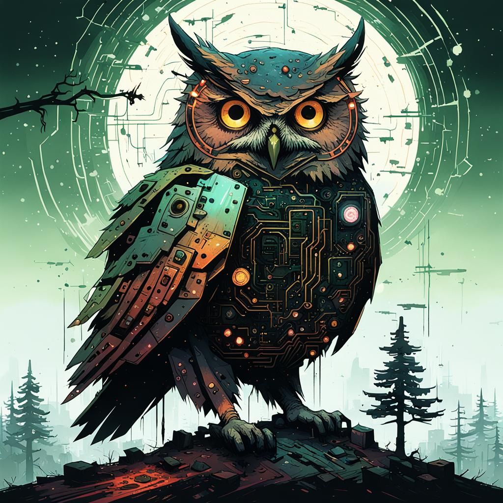Circuit Board Owl Tree: Cryptic Digital Art