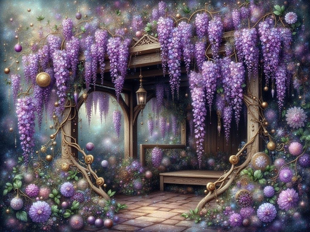 Whimsical Wisteria Gazebo in Watercolor Style