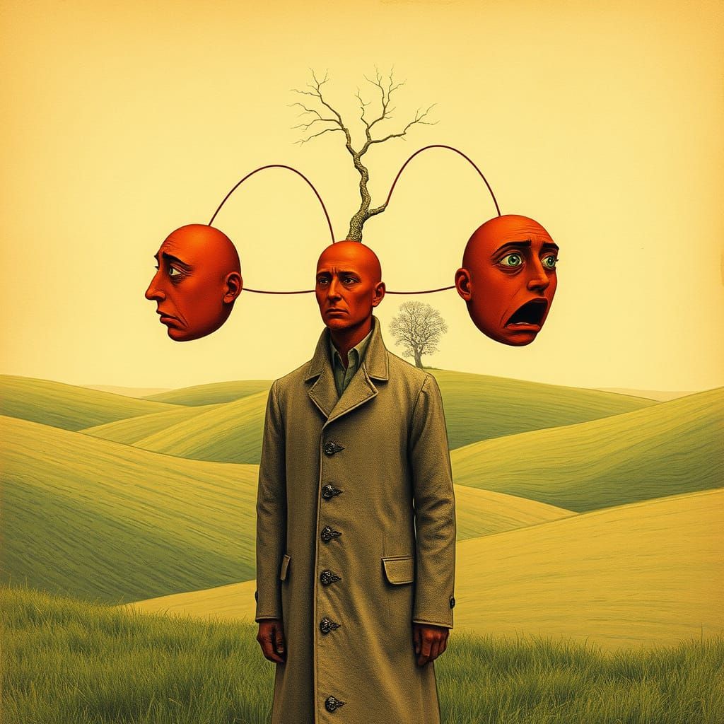 Elegant Figure in Serene Landscape with Mysterious Balloon F...