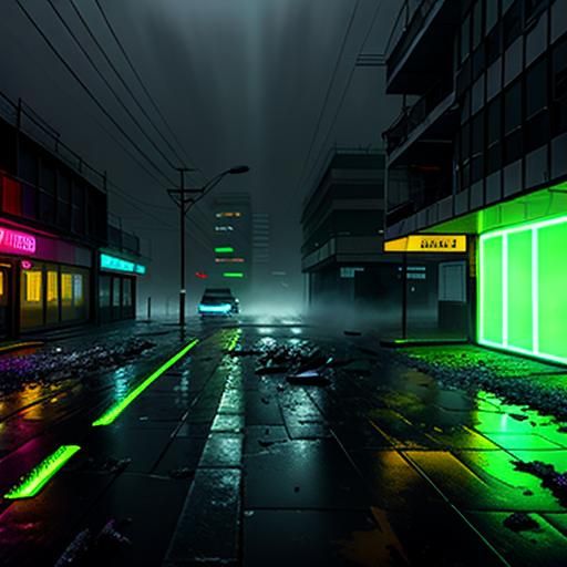 Intense Neon Lights in a Chaotic Urban Scene