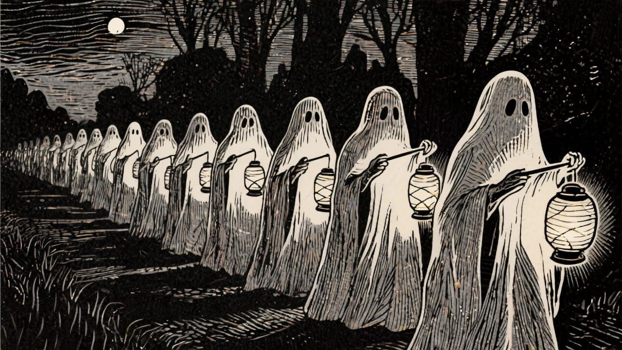 Ghostly Procession with Lanterns as Ink Print