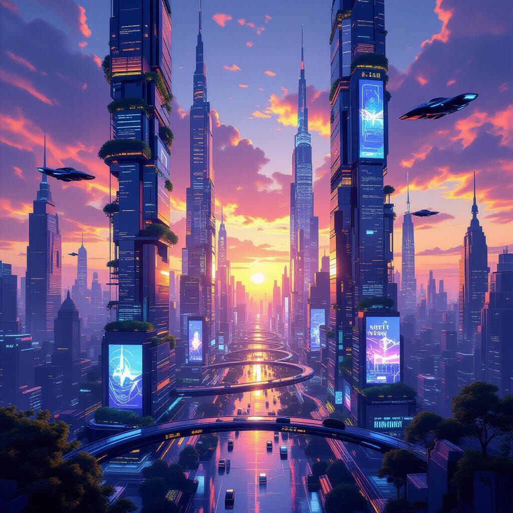 Neo-Futuristic Metropolis at Dual Sunset