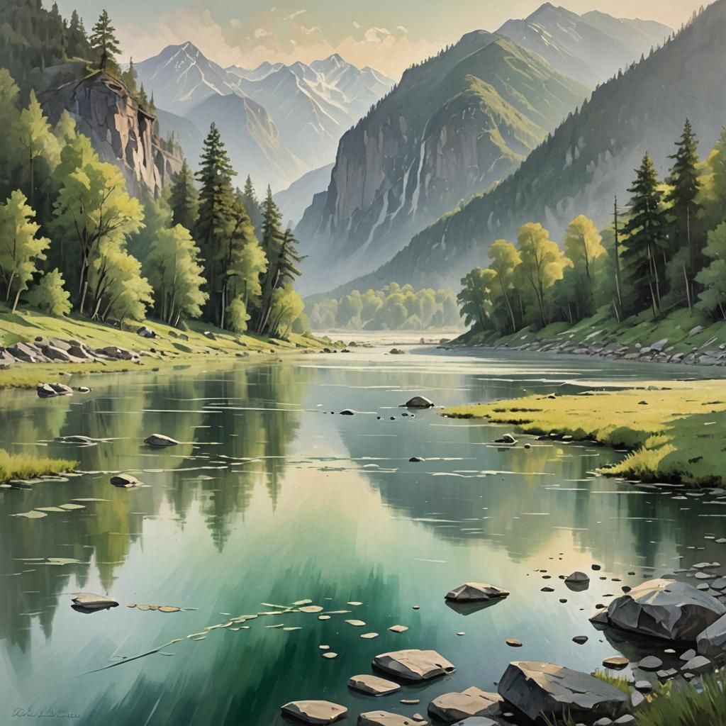 Impressionist Landscape Painting of Emerald Valley