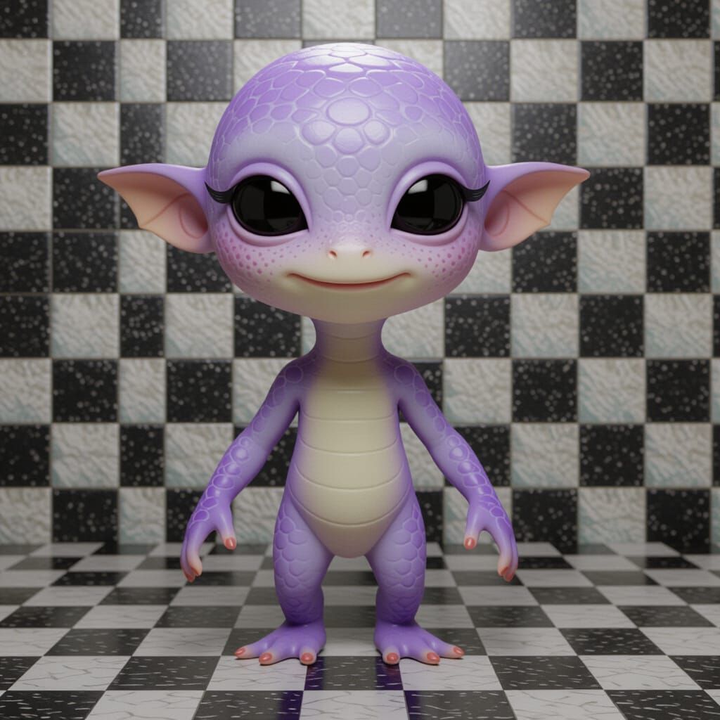 Androgynous Figure with Lilac Scales and Webbed Fingers