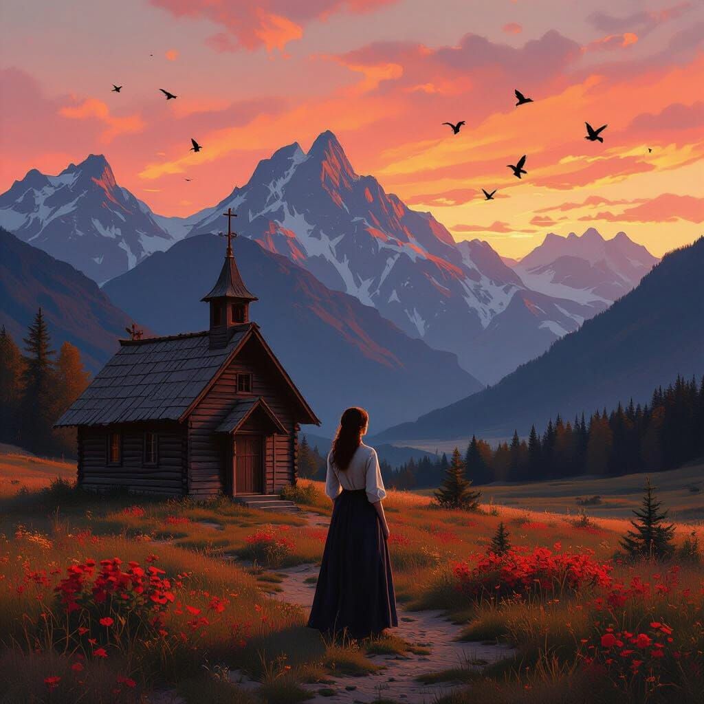 Evening Landscape with Church in Romanticism Style