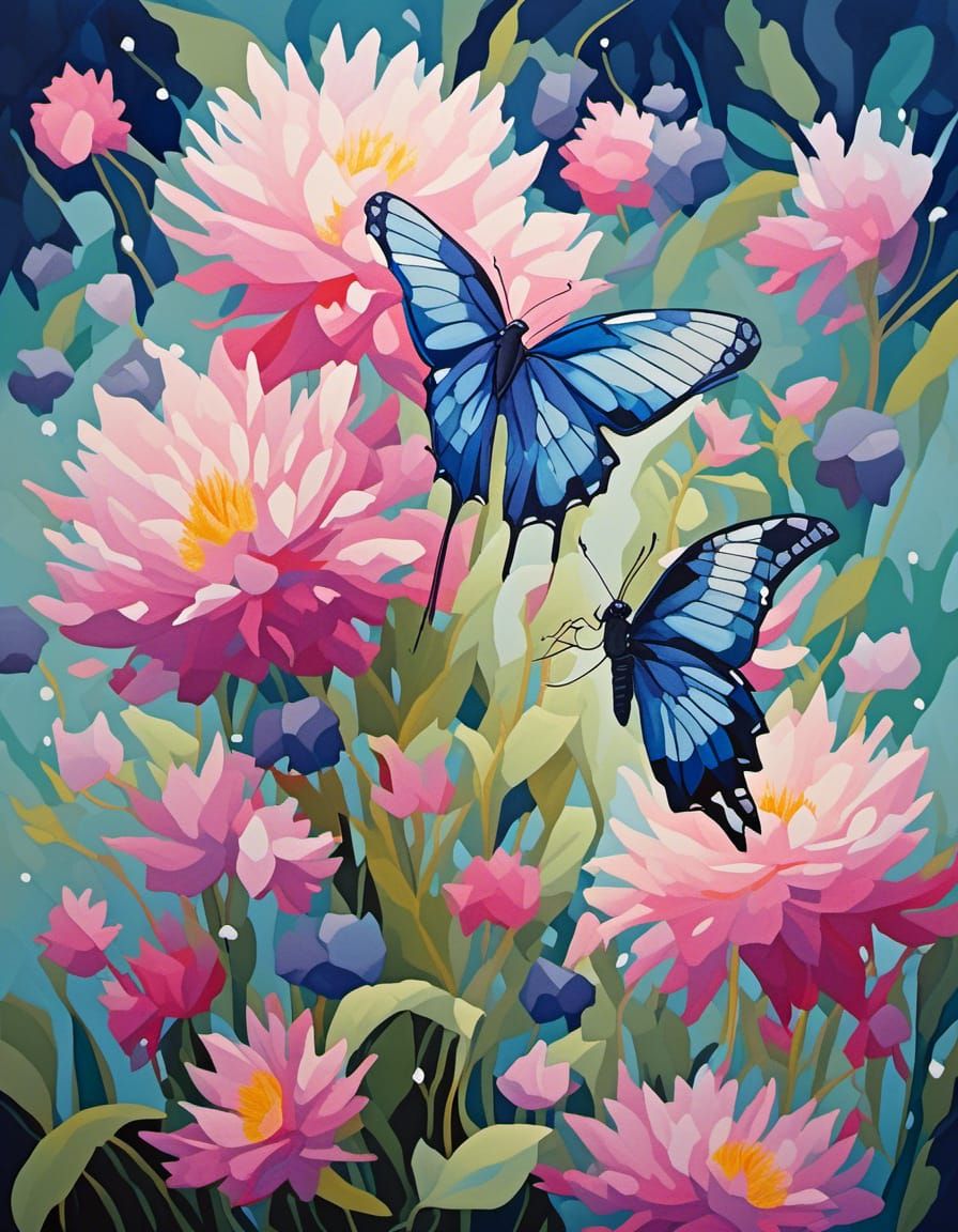 Flamingo in Lake: Antique Watercolor Gouache Painting