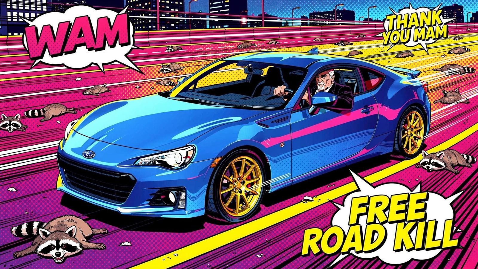 Pop Art Subaru BRZ with Raccoons and Chat Bubbles