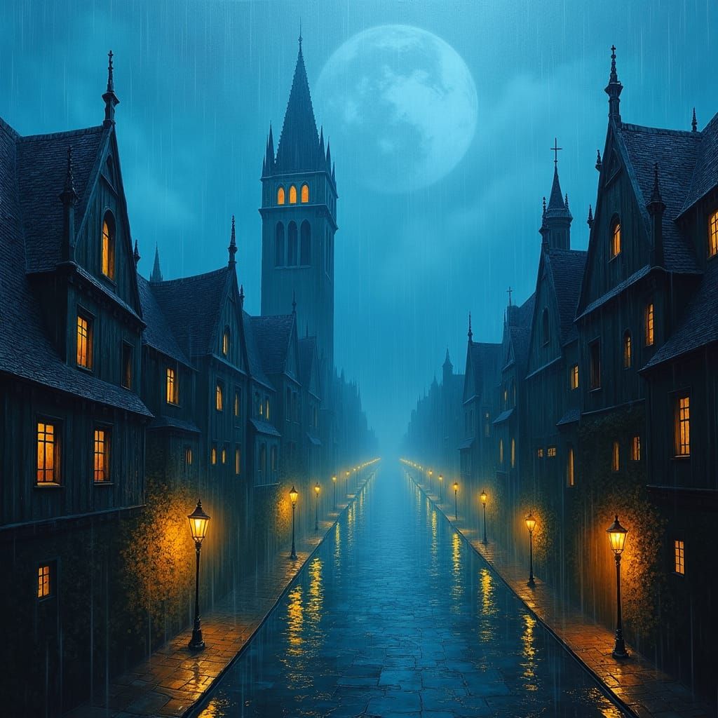 Mystical Rainy Cityscape in Neo-Impressionist Style