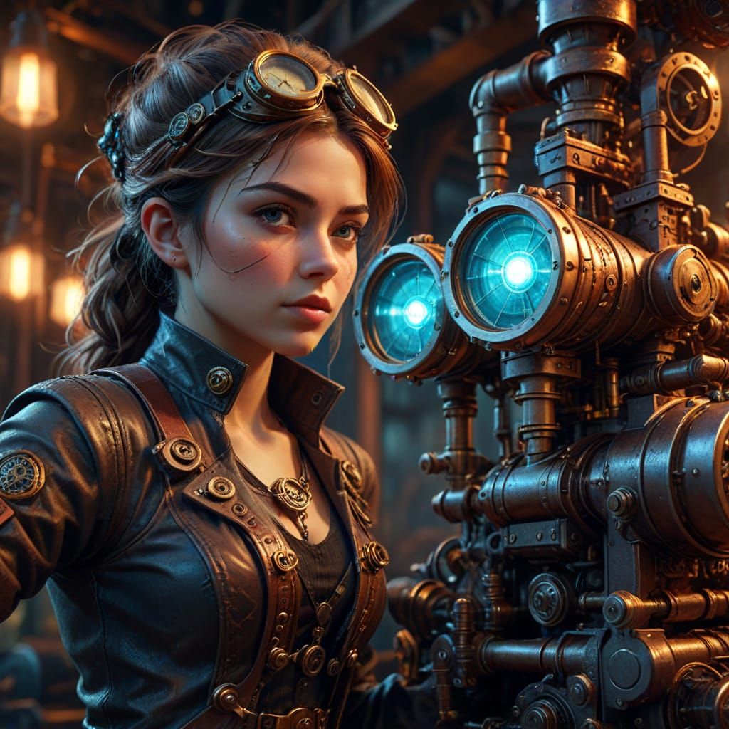 Steampunk Girl Operates Intricate Engine in Dramatic Lightin...