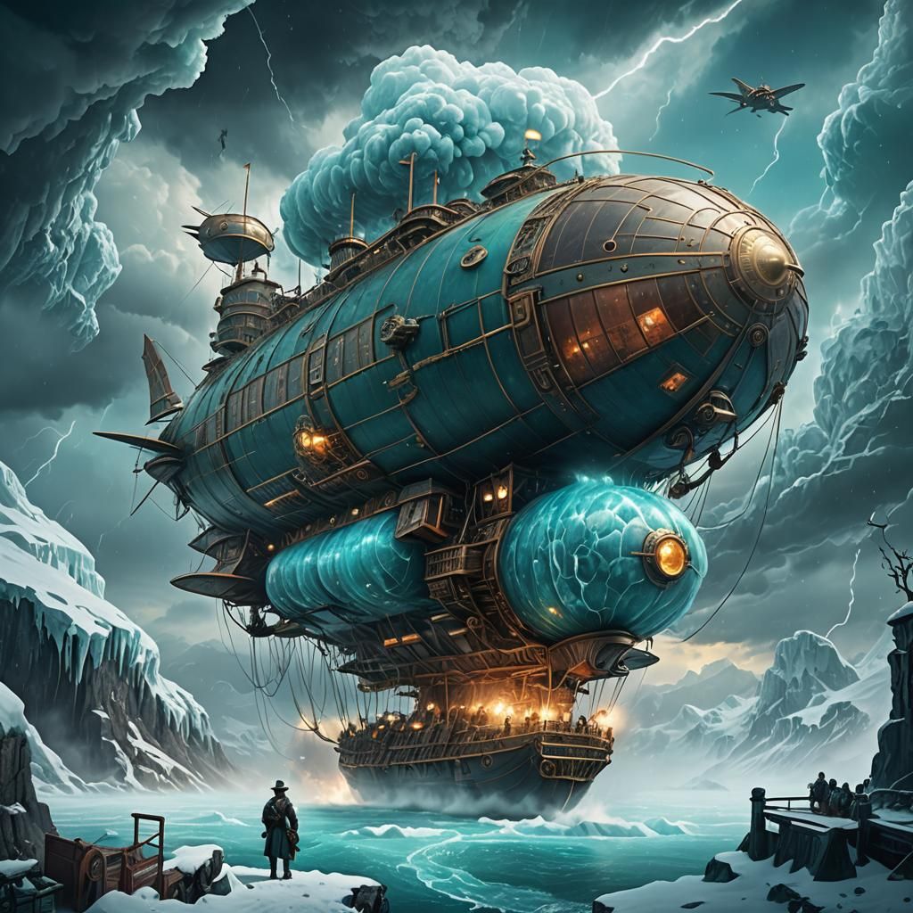 Steampunk Airship Over Arctic Ice Planet in a Storm