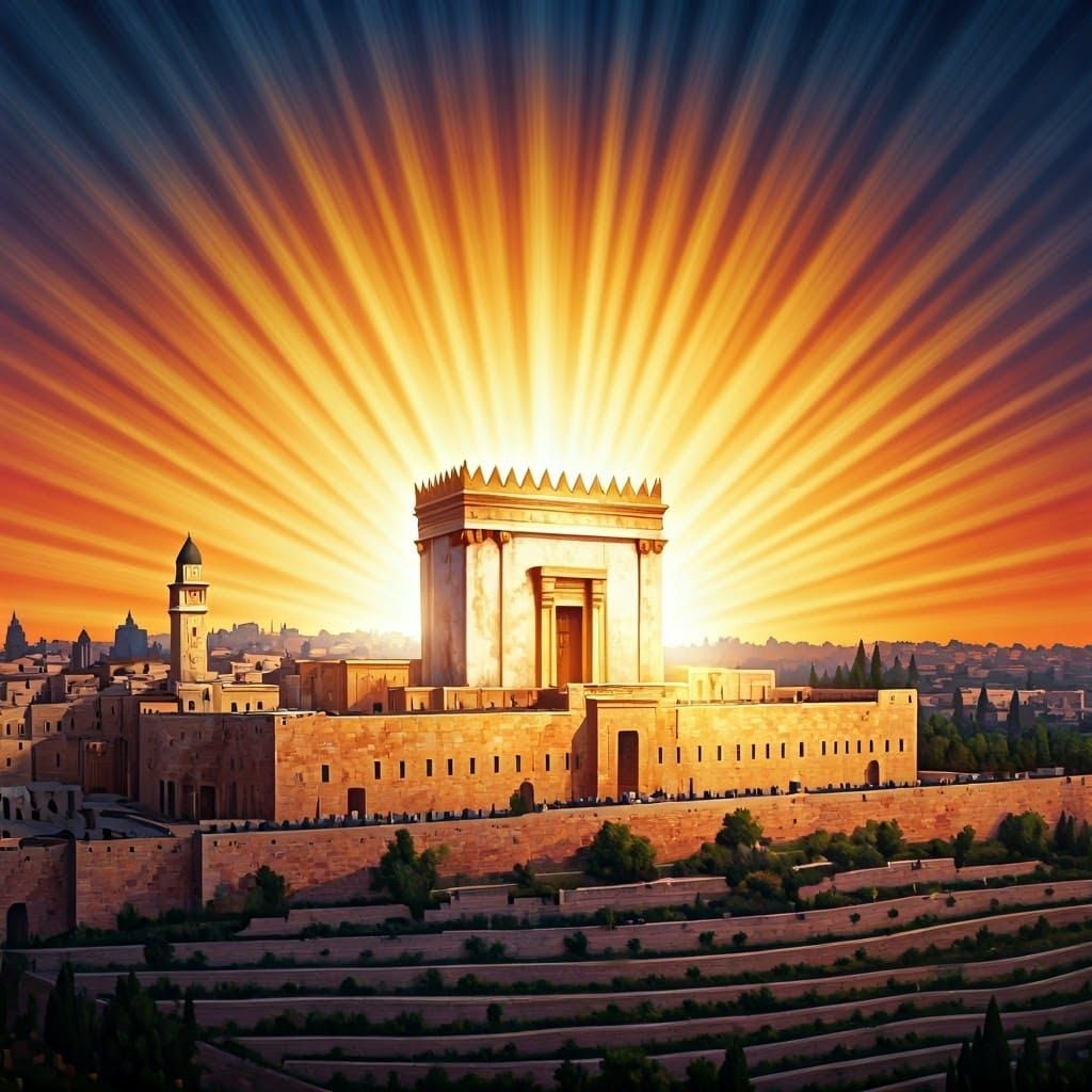 Jerusalem Temple Radiates Golden Light at Sunset